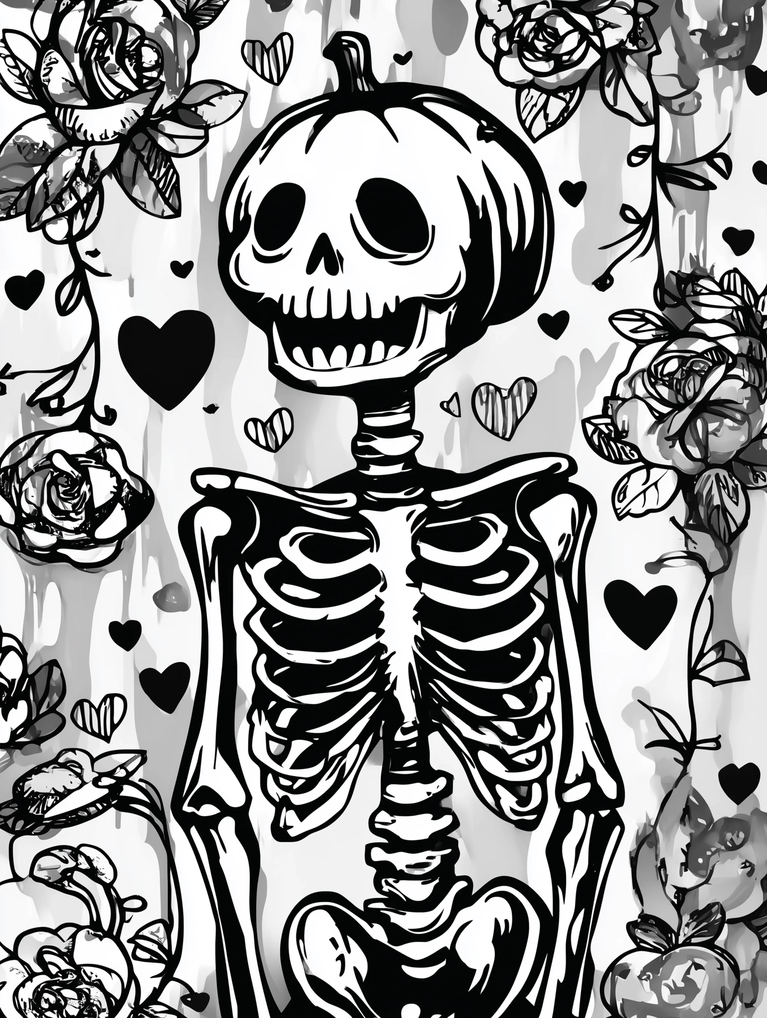 Free printable halloween coloring page for adults featuring a pumpkin skull skeleton